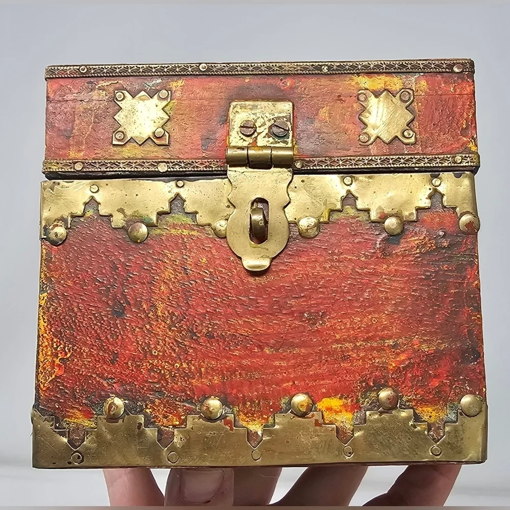 Handmade Pier 1 India Decorative Brass Wood Hinged Trinket Stash Box